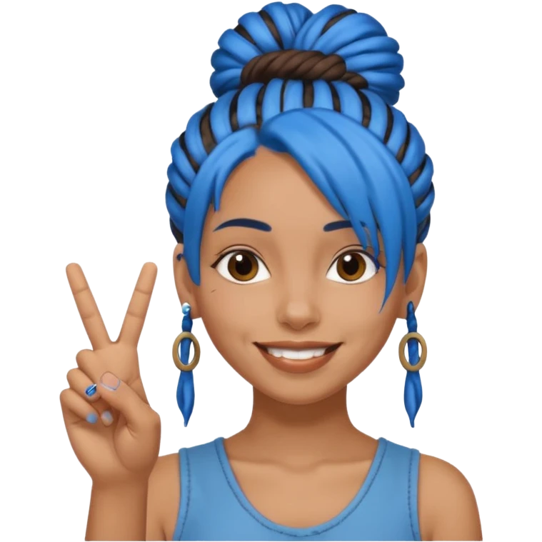 brown girl with blue dreads in a bun, giving peace sign with middle finger emoji