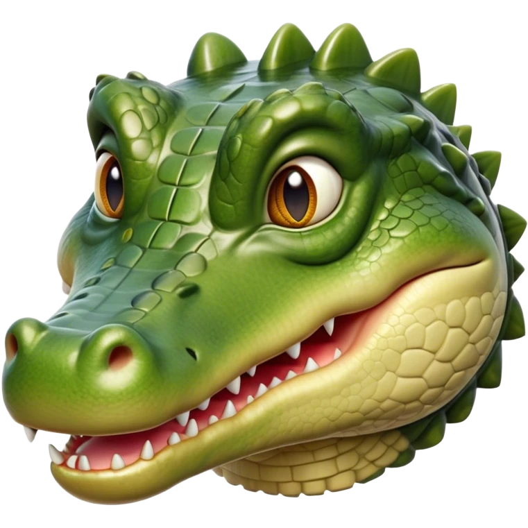 Cinematic Realistic Cute Crocodile Portrait Emoji, Head tilted playfully and inquisitively, featuring a robust, well-defined build with intricately detailed, glossy olive-green scales and a surprisingly endearing face with round, sparkling eyes full of unexpected charm, rendered with lifelike texture and natural highlights, high shine, affectionate and spirited, styled with a touch of wild whimsy, soft glowing outline, capturing the essence of a mischievous yet lovable crocodile that seems poised to snap playfully out of the screen into your arms! emoji