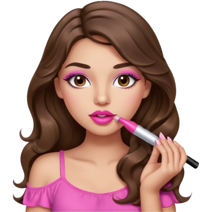 girl with long wavy brown hair, brown eyes, light to medium complexion, in a pink sexy top, pink lips, long lashes, puckered lips, putting on lipstick emoji