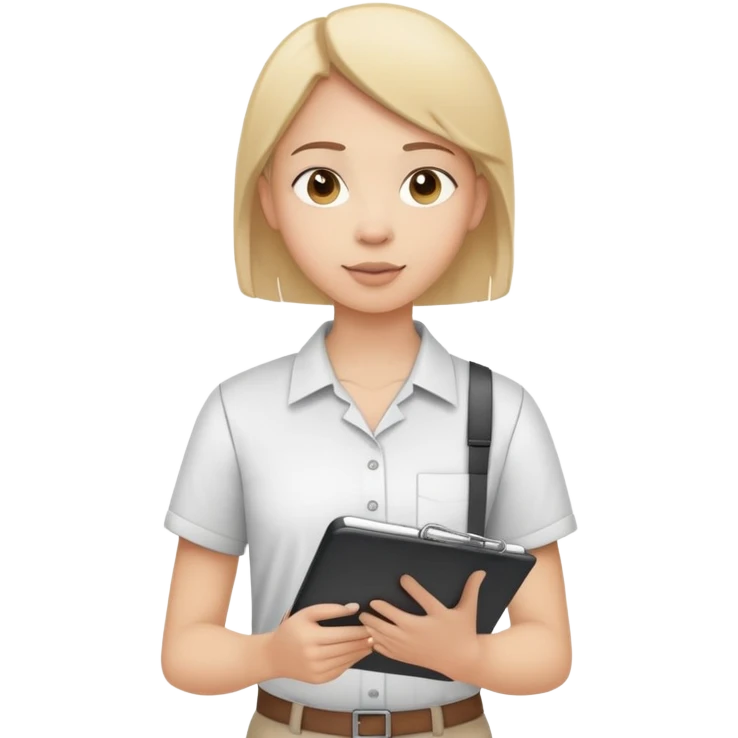 intern or volunteer holding a clipboard and pencil, ready to take notes or assist. The character wears a simple shirt and has an eager posture emoji