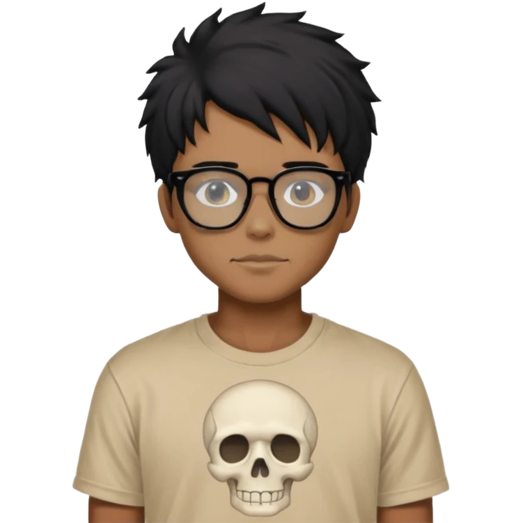 black anime hair guy with skeleton makeup wearing a stussy tshirt with glasses emoji