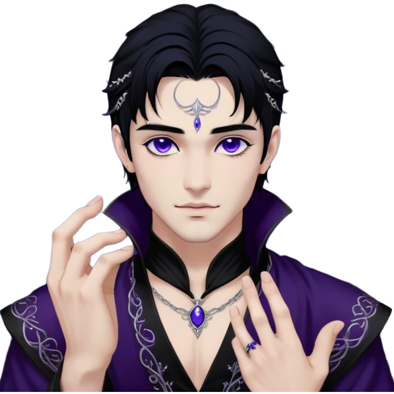A strikingly handsome High Fae male with midnight-black hair, piercing violet eyes that glow under the moonlight. His lips curve into a knowing smirk, revealing a dangerous charm. He wears an elegant black tunic with silver embroidery, the fabric flowing like liquid shadow. A silver ring glints on his long fingers, and faint wisps of darkness swirl around his shoulders like living mist emoji