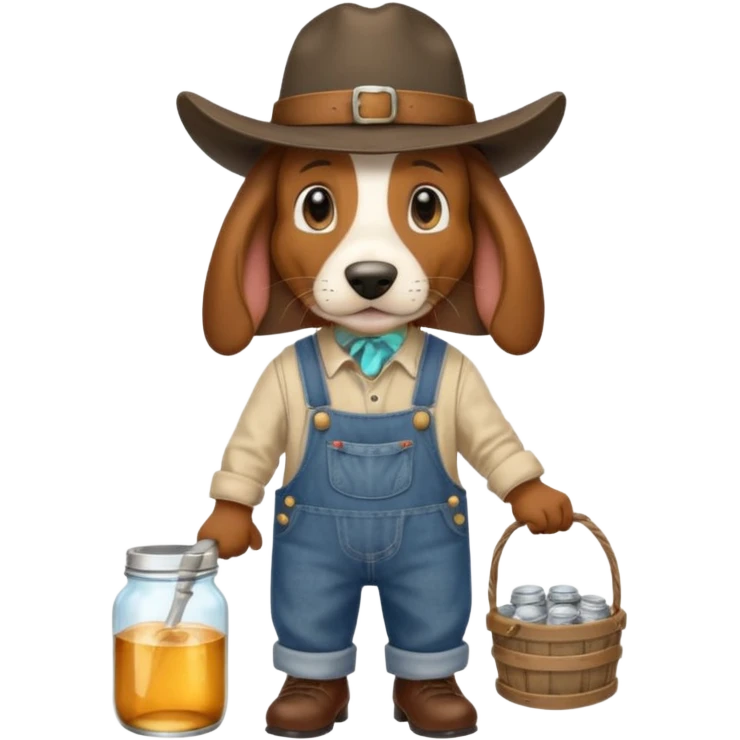 toothless hillbilly basset hound wearing a stetson and dungarees carrying moonshine emoji