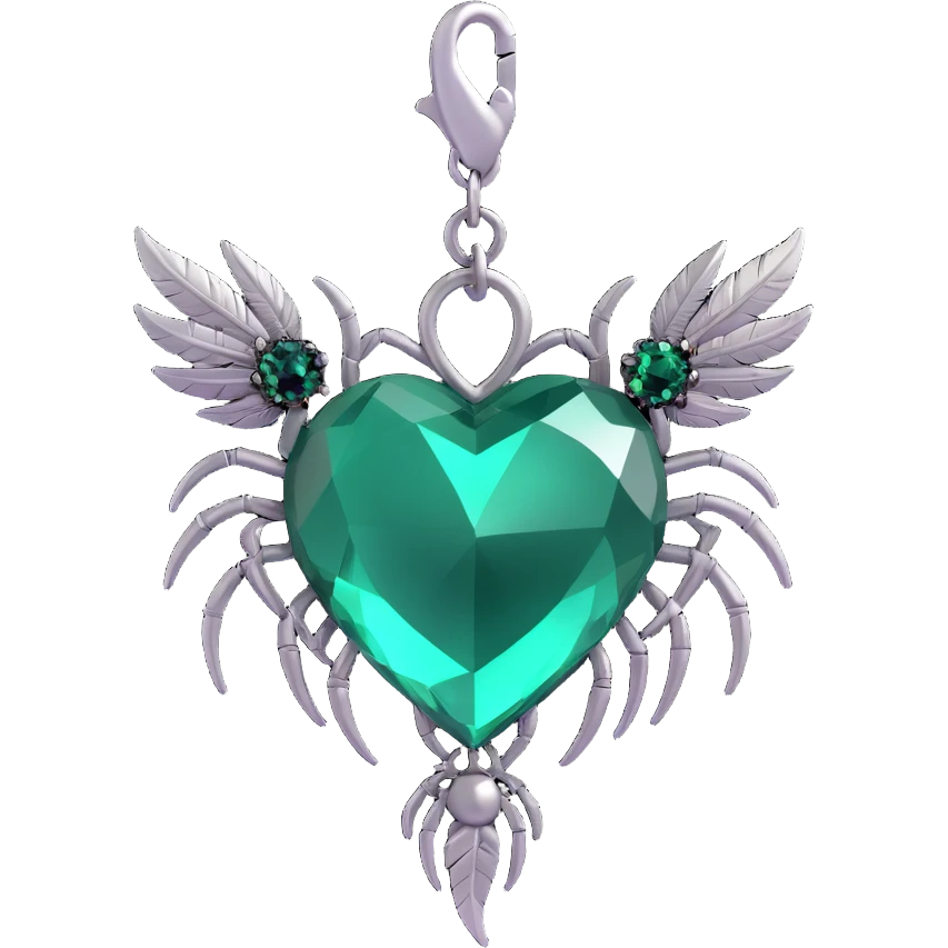 3D emoji gothic heart, dark emerald crystal, silver spider charm, feather accents, lush and gothic emoji