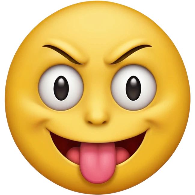 A yellow round face emoji smirking with its tounge out but the eyes are evil and kind of crazy and one eyebrow is raised in a suggestive way emoji