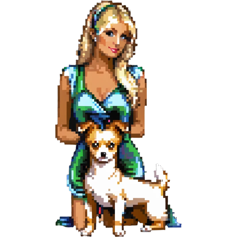 Paris Hilton with a small dog, pink theme emoji