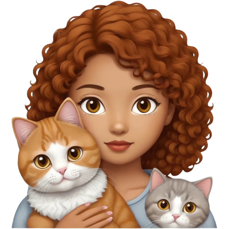 An asian girl with brown curly hair and a British shorthair cat with ginger and white fur  emoji