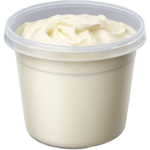 Sour cream in a plastic container with red label emoji