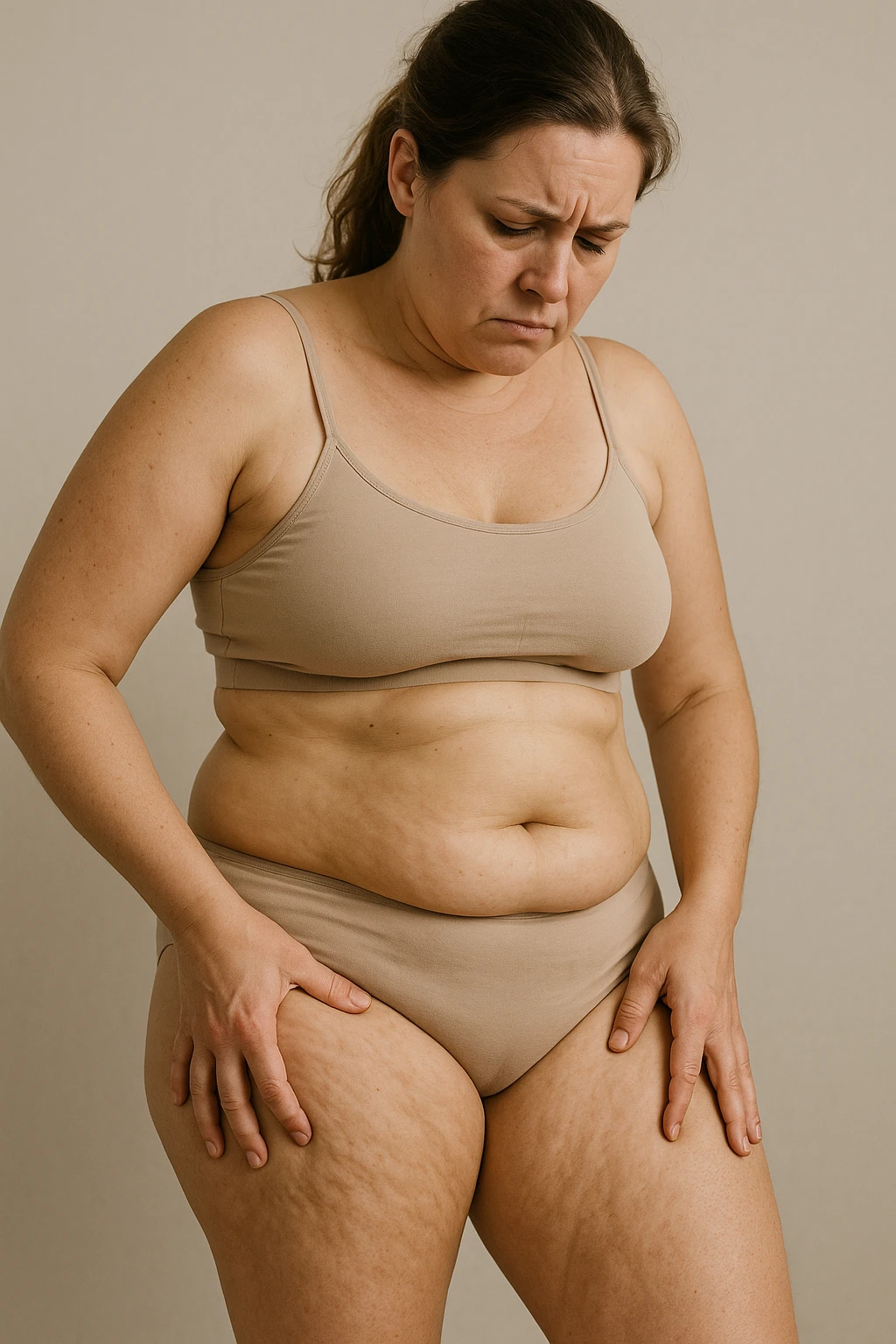 Donna con tanti inestetismi infelice sul corpo sempre riferite alla cellulite emoji