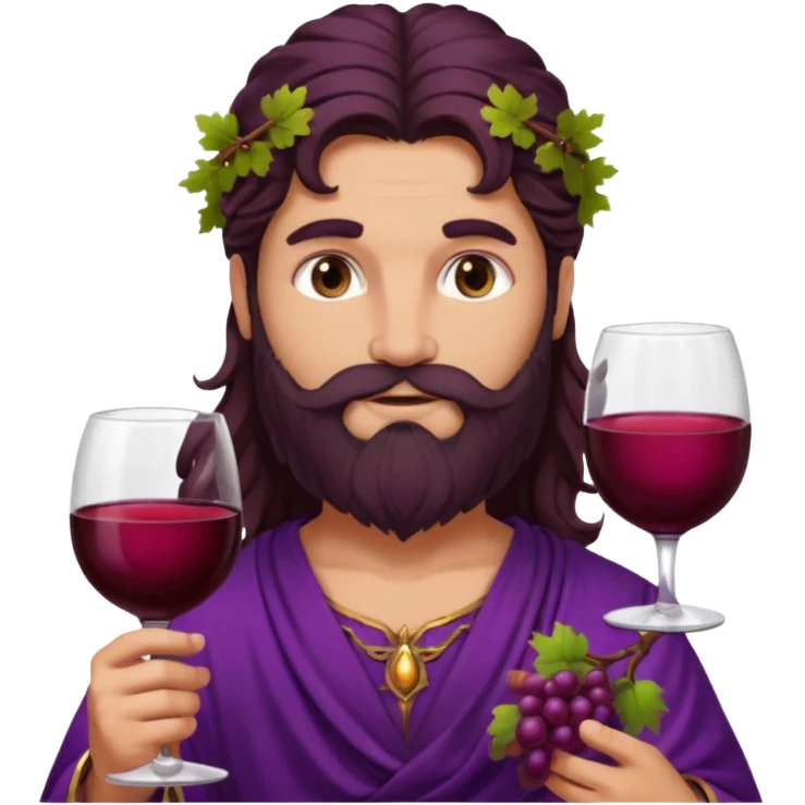 Bacchus, Wine God from Rome Mythology with long dark brown hair and beard, purple and burgundy outfit, emoji