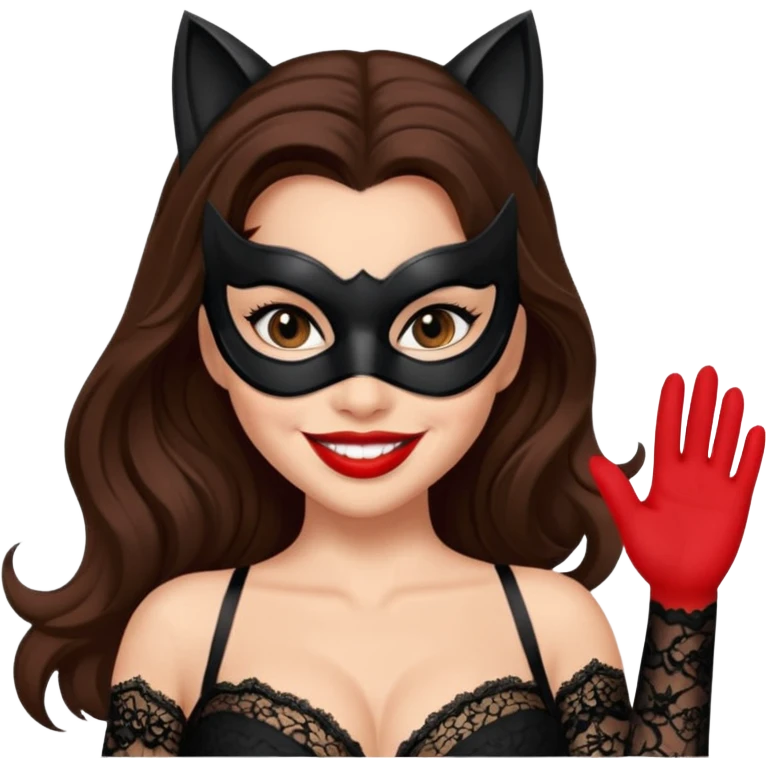 Catwoman che sorride e satuta capelli castani lunghi con mascherina di pizzo nero rossetto rosso e reggiseno nero emoji