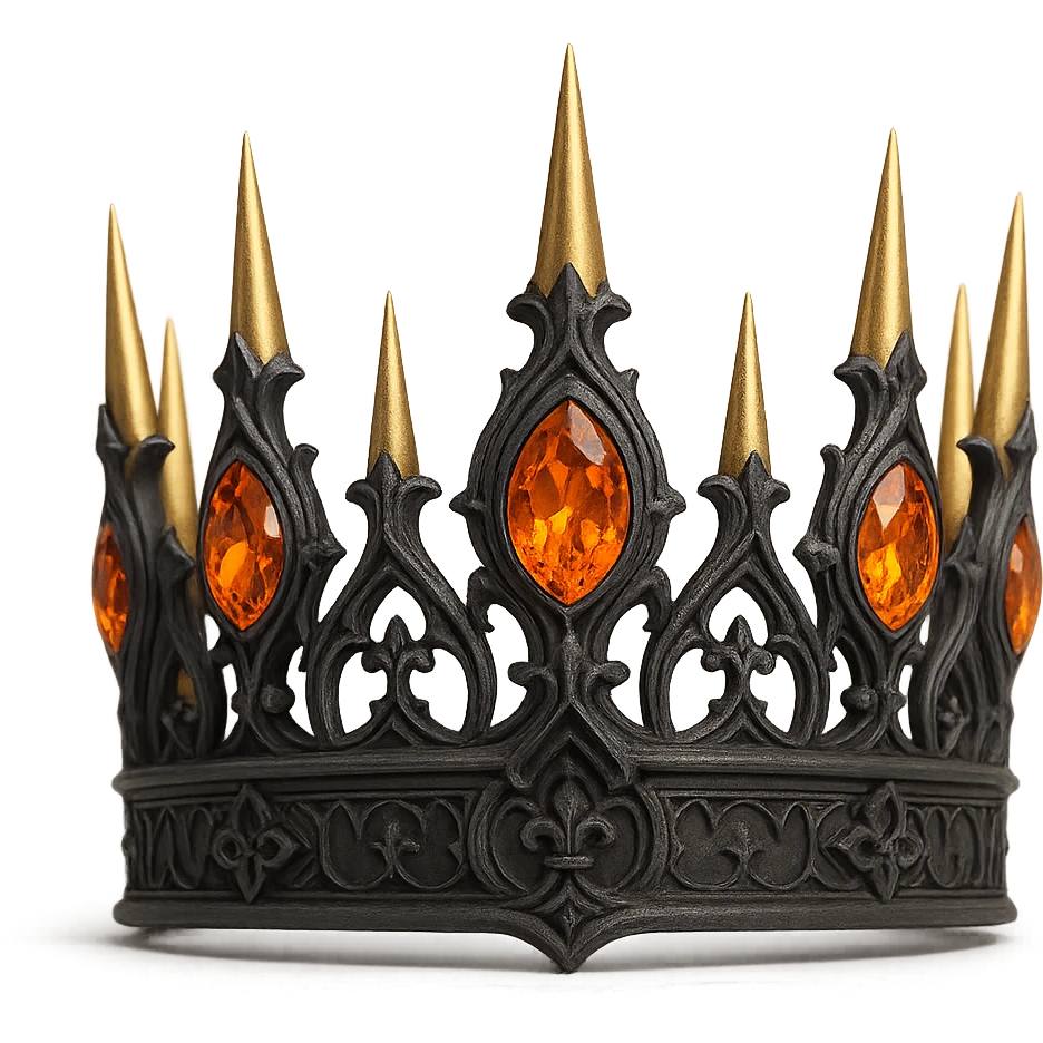 gothic crown in matte charcoal with gold spikes and fiery orange gems, bold and dramatic emoji