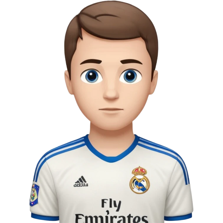 White male wearing Adidas Real Madrid jersey with Champions logo on sleeve and Fly Emirates on chest emoji