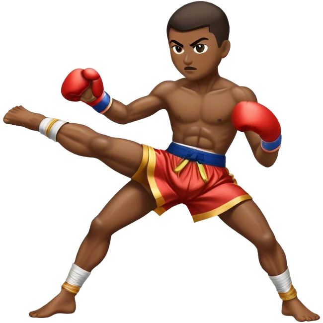 Cinematic Realistic Traditional Muay Thai Emoji, depicted as an intense dynamic martial arts scene featuring a fighter in traditional Muay Thai stance and attire, rendered with rich textures and energetic dramatic lighting that captures the sport's raw power. emoji