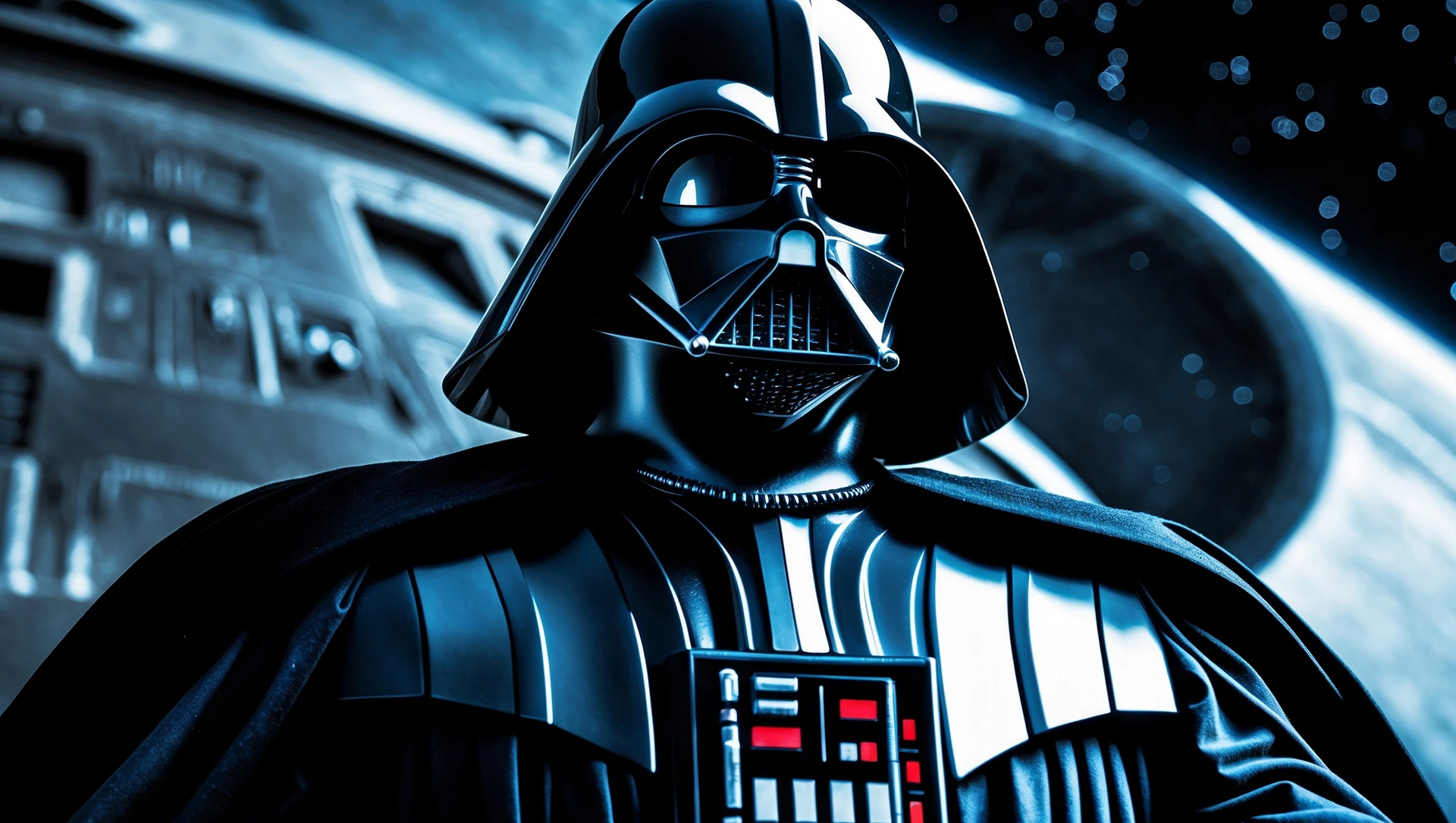 cinematic still, documentary photography, space and death star, well lit scene, Darth Vader floating in space, close up, front shot, rule of thirds emoji
