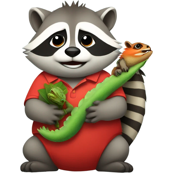 Chubby raccoon wearing a red polo and holding an iguana emoji