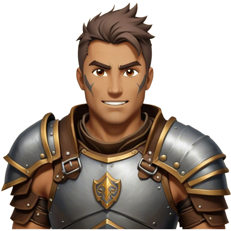 Cinematic Realistic WoW Human Warrior Portrait, head tilted dramatically with an exaggeratedly amused expression, blending rugged heroism with a hint of lighthearted charm. His chiseled face, framed by meticulously rendered steel armor and leather accents in consistent greys and bronzes, is brought to life with dynamic lighting and high shine, dramatic yet whimsical, capturing the essence of a warrior whose epic might is coupled with an approachable, playful demeanor. emoji