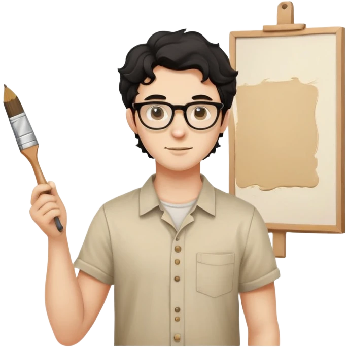 Young caucasian man with black wavy hair, round glasses, beige painting shirt, holding a square paintbrush emoji