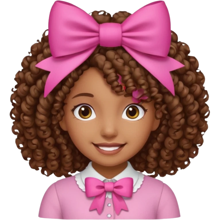 Uma menina morena cacheada com laço rosa no cabelo emoji