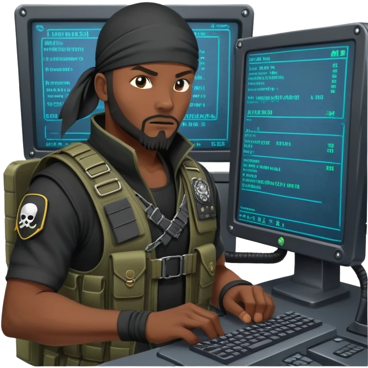 african-american mercenary black ninja pirate hacker terminal command center emoji