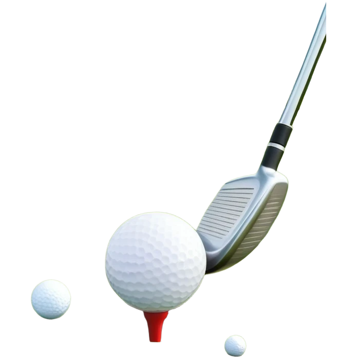 A golf ball on a tee with a golf club placed beside it, set against the backdrop of a well-manicured green golf course. The scene emphasizes the equipment and serene atmosphere of the sport, with soft lighting and a peaceful, open landscape emoji