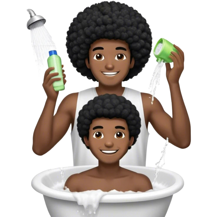 Black guy with black hair happy to wash his hair with shampoo Afro hairstyle give me more than 1️⃣ give me options emoji