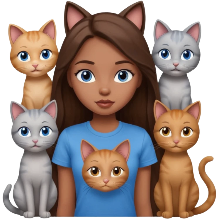 a pretty bratz dusky girl with long brown hair, blue eyes with six cats nd wearing a grey tshirt emoji