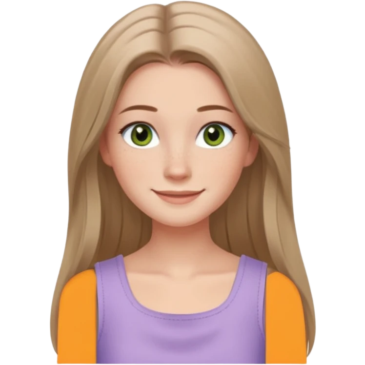 emoji of a confident woman named Freya McOmish, smiling, hazel green eyes, straight long hair with a middle part, subtle freckles, modern casual style, broad shoulders, wearing a pale lavender sleeveless deep square neck top emoji