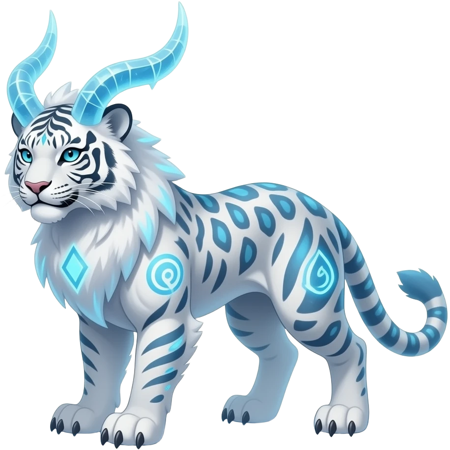 Ice-Long-Horned Fantasy tribal-patterned elemental magical mysterious mystical snowy icy furry fuzzy fluffy Shiny futuristic feathery beautiful gorgeous snow-leopard-Sabretooth-tiger-velociraptor-Absol-Hybrid emoji