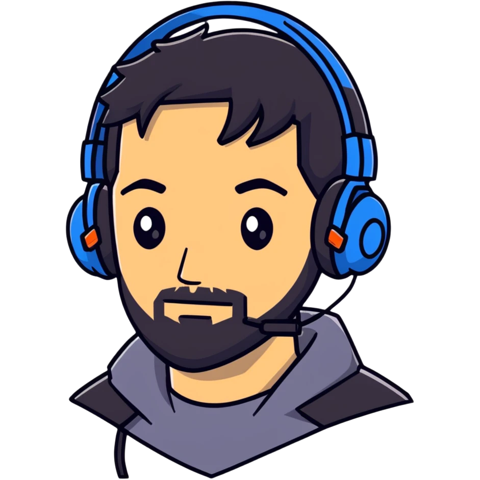 A person with black hair, brown eyes, a black beard, wearing a gaming headset emoji