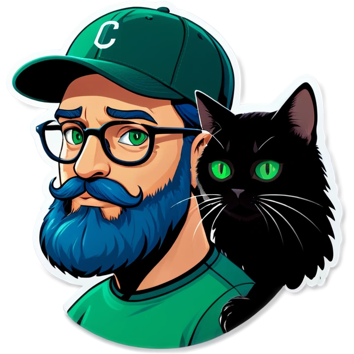 A bold man with a grey baseball cap, green eyes, big beard and glasses holding a black cat emoji