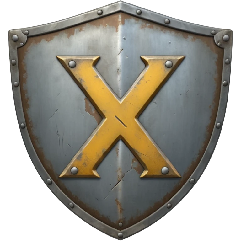 a battle worn steel shield with engraved text "XXX", the text should be prominent and in the center of the shield emoji