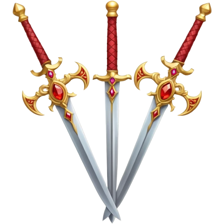 Two crossed swords that are golden in blade and handle and have fiery and royal appearence to them as well as red gem stones emoji