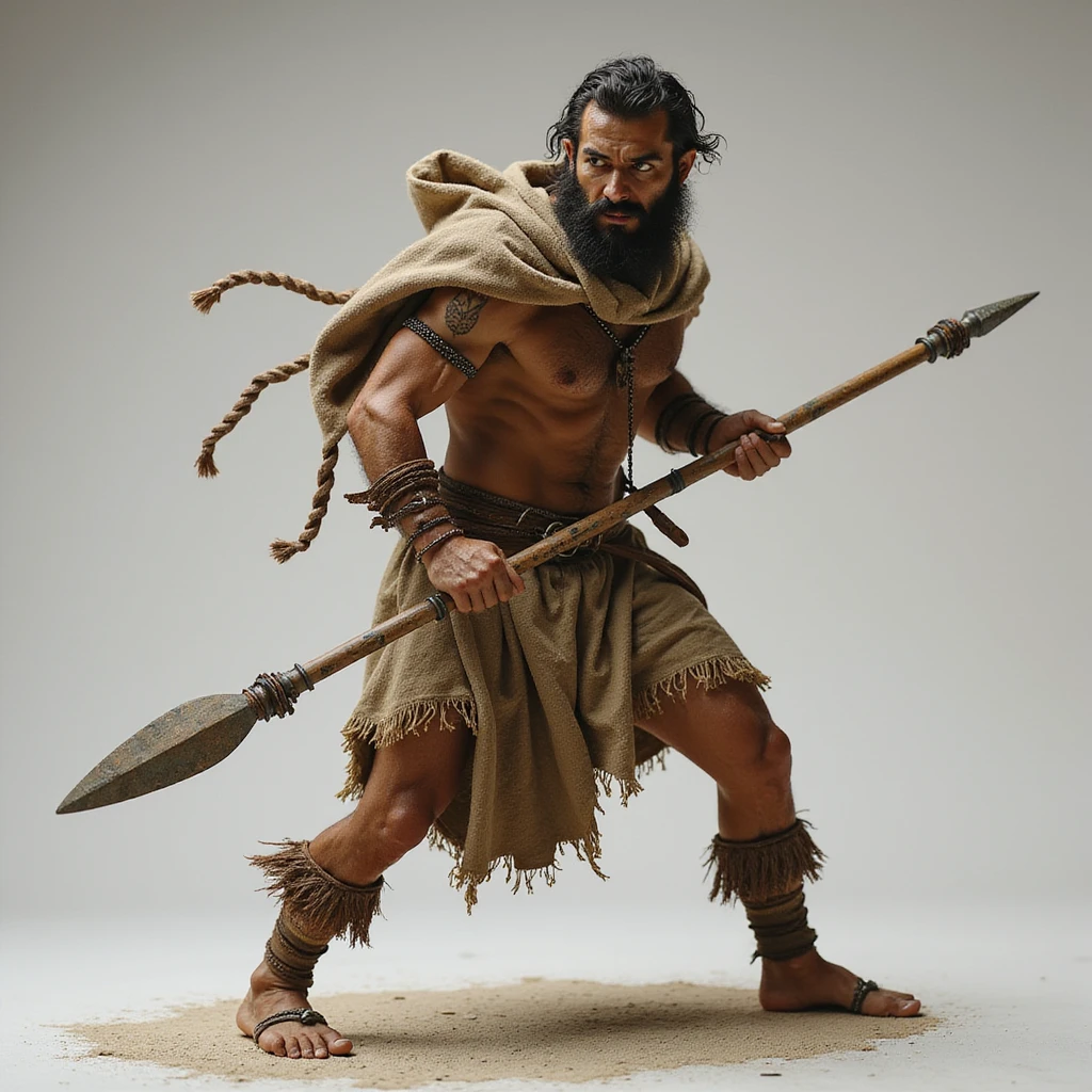 caveperson with a stone-tipped spear, dynamic pose, photorealistic style emoji