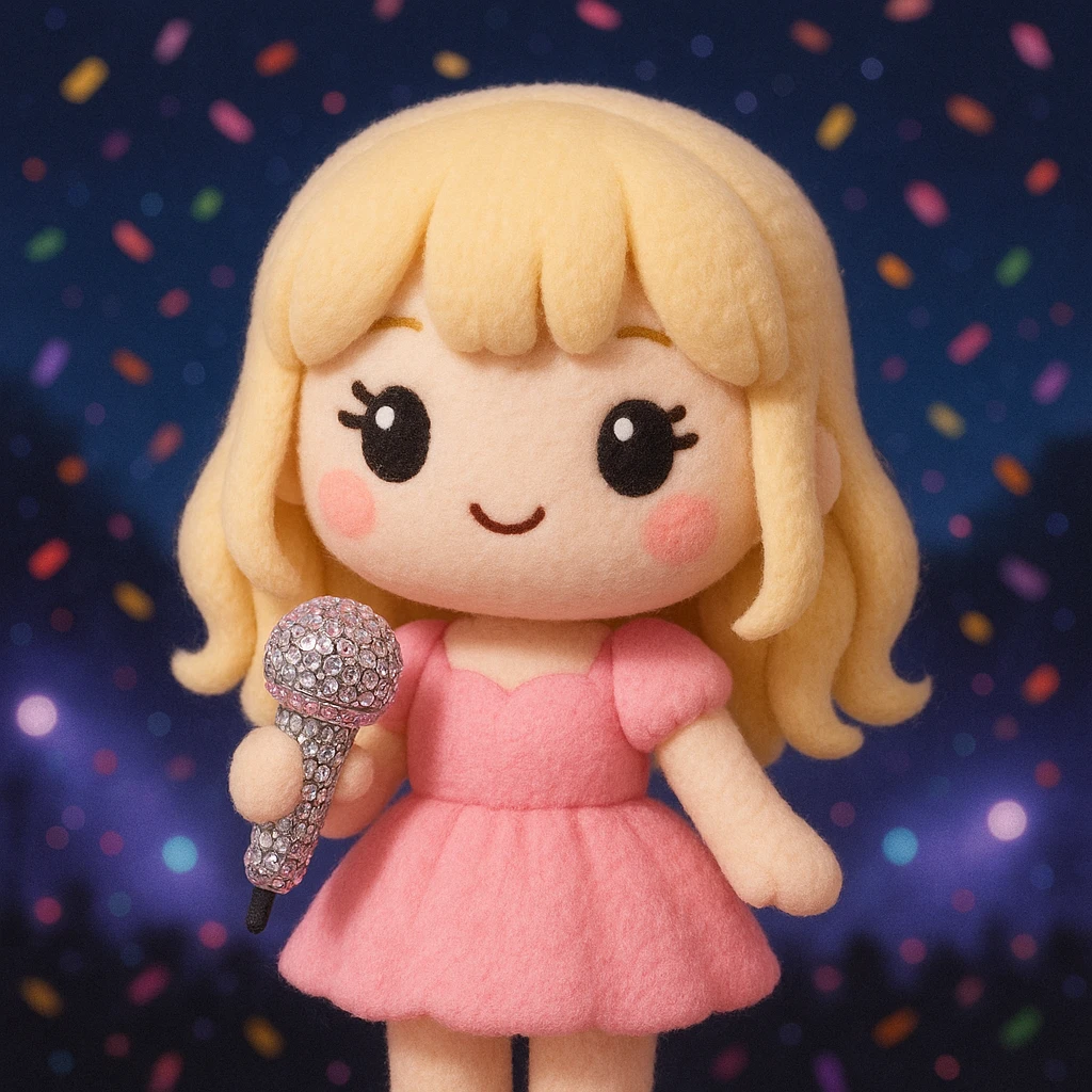 Pretty and girly Blonde pop star with bangs, holding a bedazzled microphone, reimagined as a soft kawaii plushie doll, with a nighttime concert backdrop with colorful confetti emoji