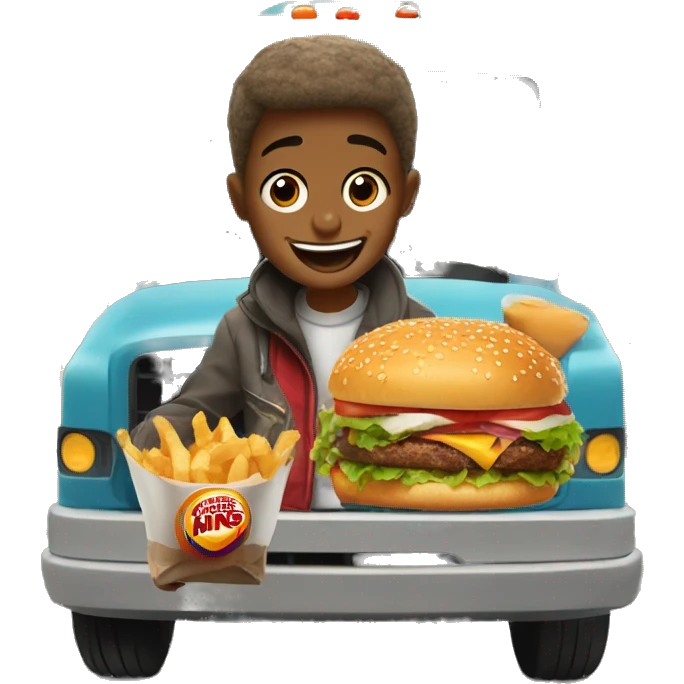 boy enjoying food with burger king crown on truck emoji