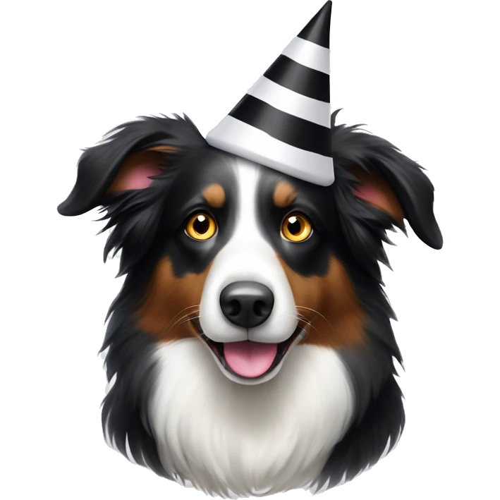 An elderly black and white border collie with white around both eyes and a black stripe down the middle of her face wearing a party hat. emoji