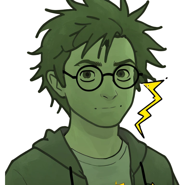 Harry Potter character memoji, round face, glasses, lightning scar, messy hair, friendly expression, digital cartoon style emoji