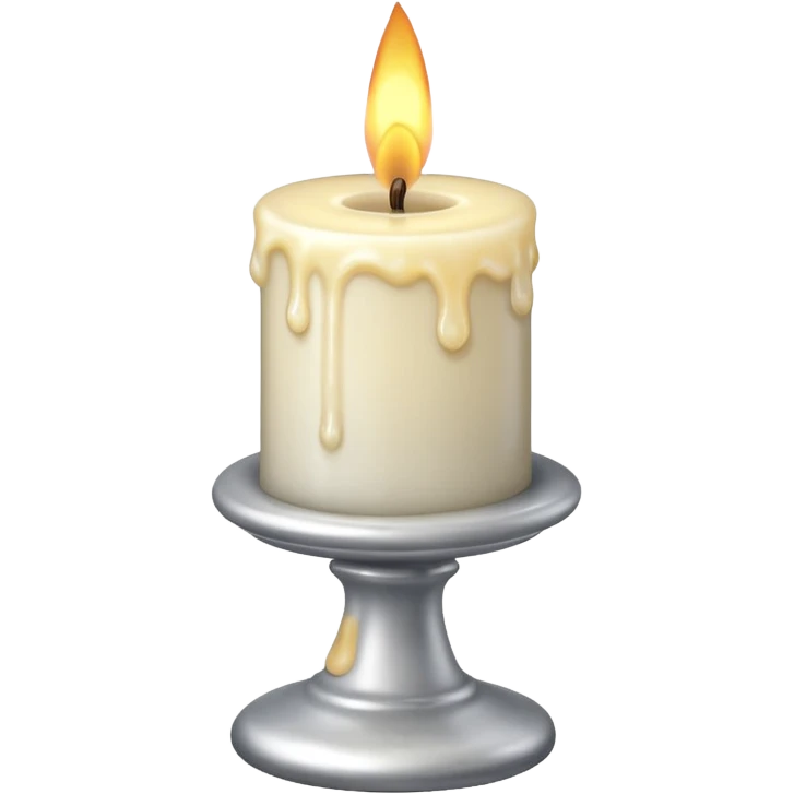 A silver candlestick holding a thick pillar candle glowing warmly. emoji
