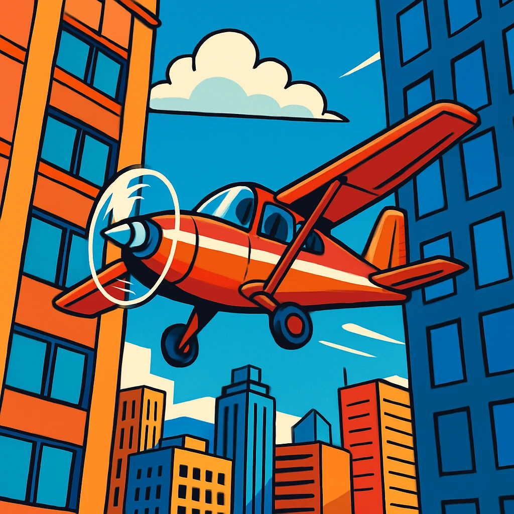 A small plane flying through a gap between two skyscrapers, city view, action-packed, vivid illustration, no text emoji