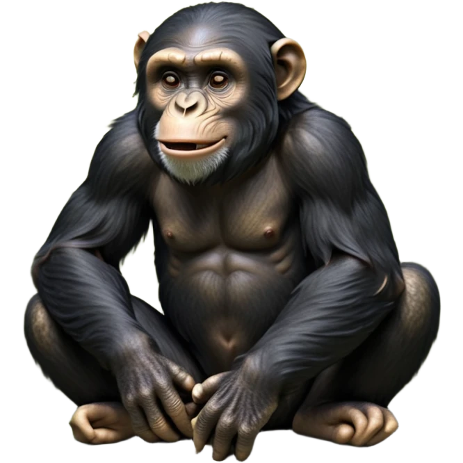 cinematic-chimpanzee-realistic-full-body-sitting-emoji,-long-powerful-arms-resting-on-its-knees,-expressive-dark-eyes-filled-with-intelligence-and-curiosity,-coarse-black-fur-textured-and-detailed,-softly-wrinkled-face-hinting-at-a-mischievous-smile,-slightly-open-mouth-showing-a-glimpse-of-teeth,-simplified-yet-realistic-focused-features,-highly-detailed,-glowing-with-a-warm-jungle-light

 emoji