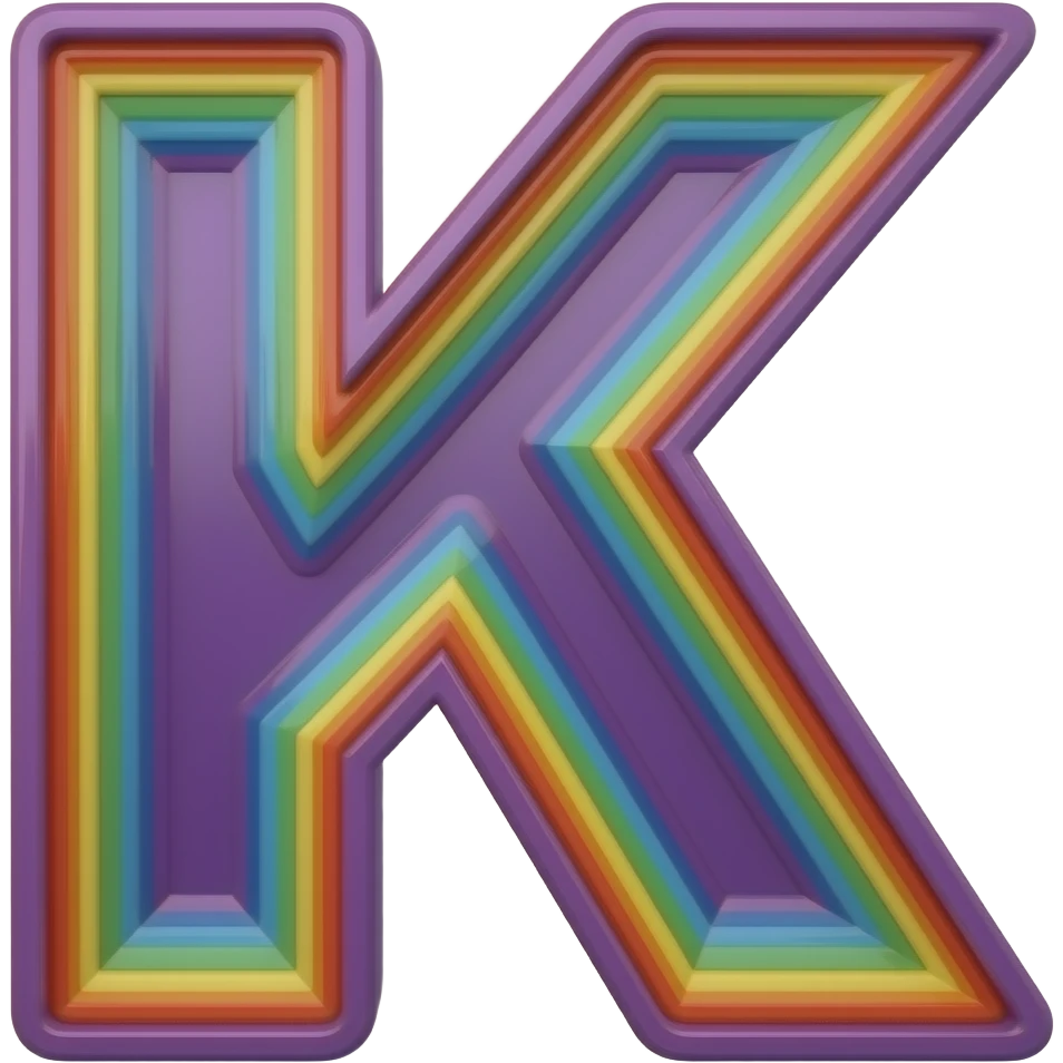 name "K" in neon purple, 3D style typography lettering, each color of the rainbow as a border outlined around each letter, isolated, 3d rendering, no emoji icons no emoji faces and must have no human figures emoji