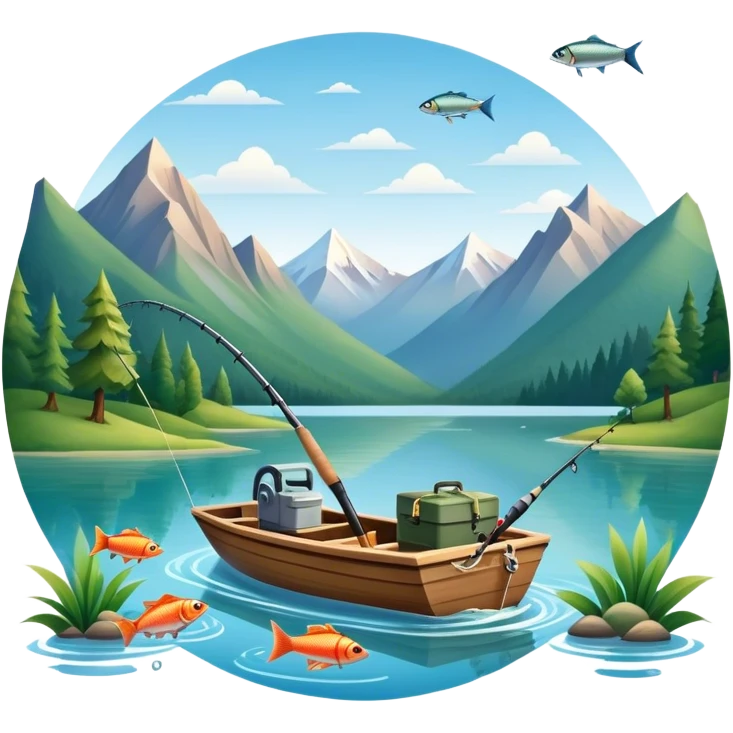 Icon for Fishing Travel: a boat on a calm lake surrounded by mountains and lush greenery, with fish jumping out of the water, a fishing rod, tackle box. The icon should capture the peaceful and adventurous nature of fishing trips. Transparent background. emoji