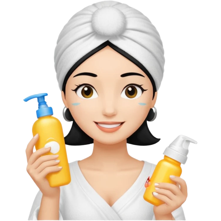 female character with black hair wearing white towel turban, holding sunscreen bottle labeled SPF 50, applying sunscreen to cheek emoji