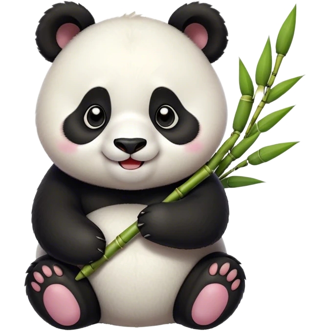 Cinematic smiling chubby panda, fluffy black and white fur, round rosy cheeks, tiny paws holding a bamboo shoot, sparkling eyes full of joy, soft glowing background, irresistibly huggable. emoji