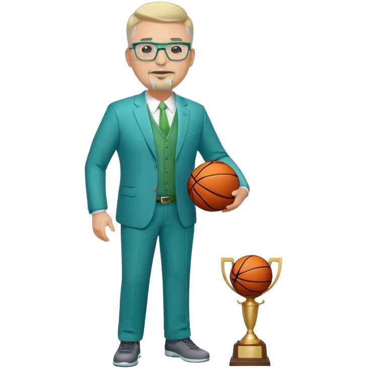 Full Body white middle aged male plus size wearing glasses with a goatee with light blonde and gray very short hair basketball head Coach in blue and green suit holding trophy emoji