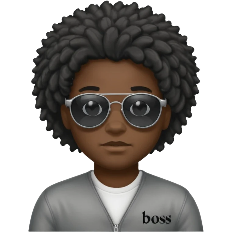 Un garçon,de couleur noir avec des lunettes de soleil grise,il a des cheveux crépus et au dessus de sa tete il est écrit BOUSS  sans qu’on voit ses yeux emoji