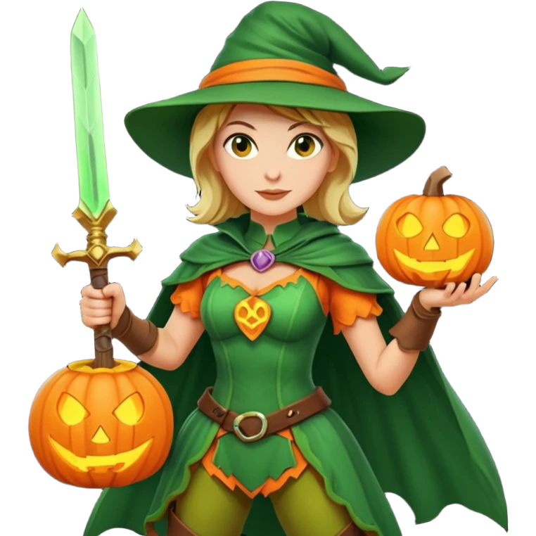 Woman Hunter With Jack o Lantern, wearing green costume, with sword emoji