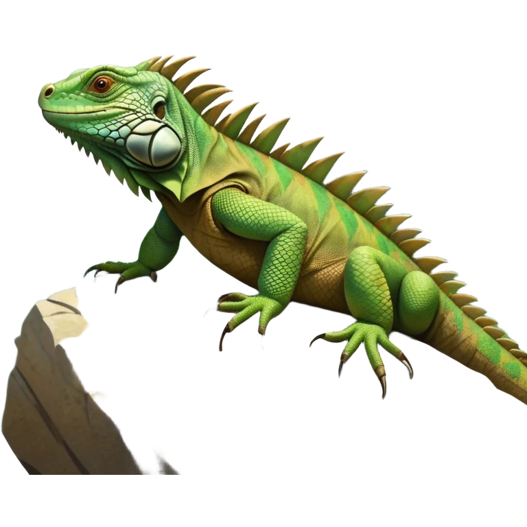cinematic-iguana-realistic-full-body-basking-emoji,-long-scaly-body-stretched-out-on-a-sunlit-rock,-spiny-ridge-running-down-its-back,-textured-green-and-brown-skin-dappled-with-light,-sharp-intelligent-eyes-studying-the-surroundings emoji