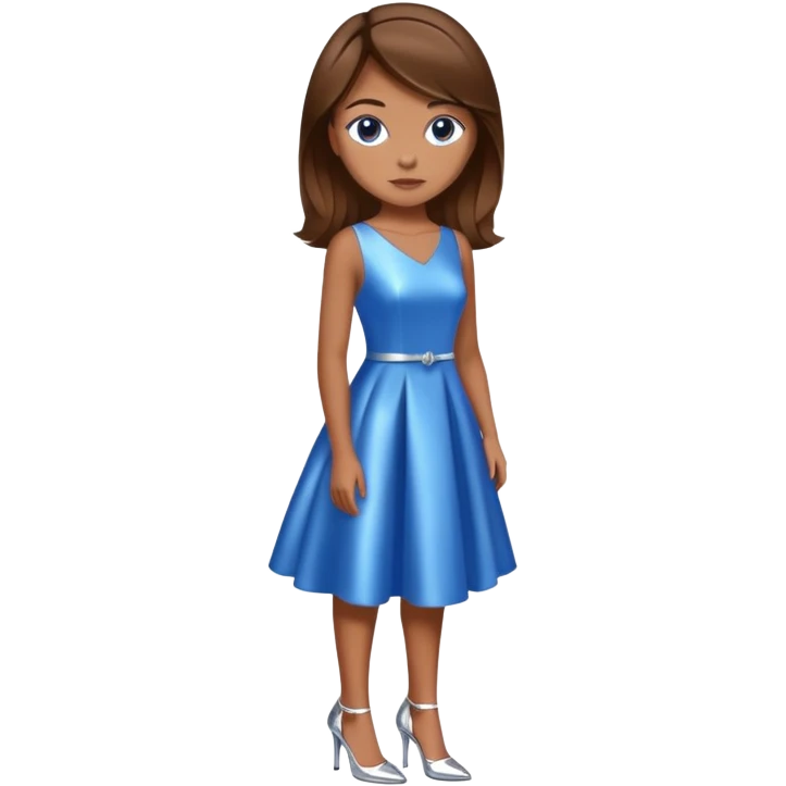 A girl with brown hair in a blue shiny dress, wearing silver heels emoji